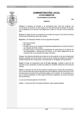 Imagen CONVOCATORIA JUEZ DE PAZ SUSTITUTO