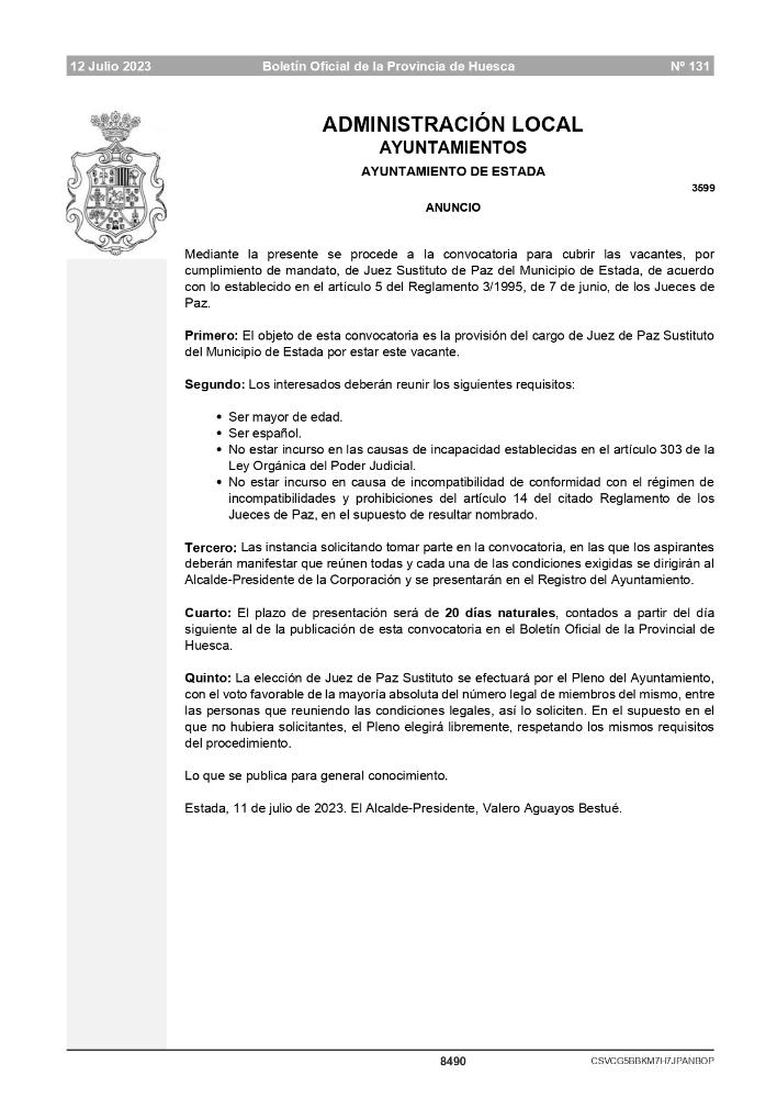 Imagen CONVOCATORIA JUEZ DE PAZ SUSTITUTO